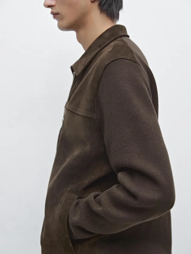 Contrasterend katoenen en leren jasje Contrasterend katoenen en leren jasje