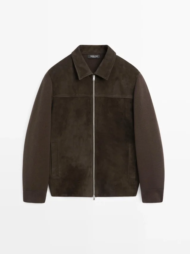 Contrasterend katoenen en leren jasje Contrasterend katoenen en leren jasje