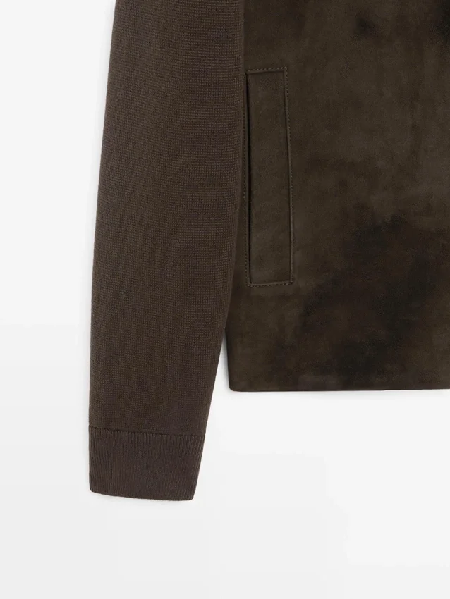 Contrasterend katoenen en leren jasje Contrasterend katoenen en leren jasje