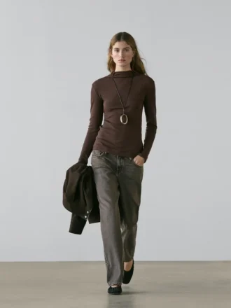 Geribd katoen T-shirt met lange mouwen