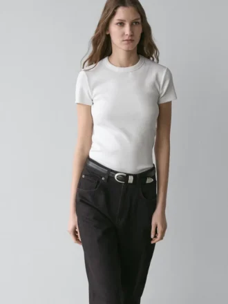 Geribd T-shirt met korte mouwen van zware stof