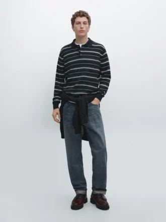 Gestreepte gebreide polo-trui van katoenmix