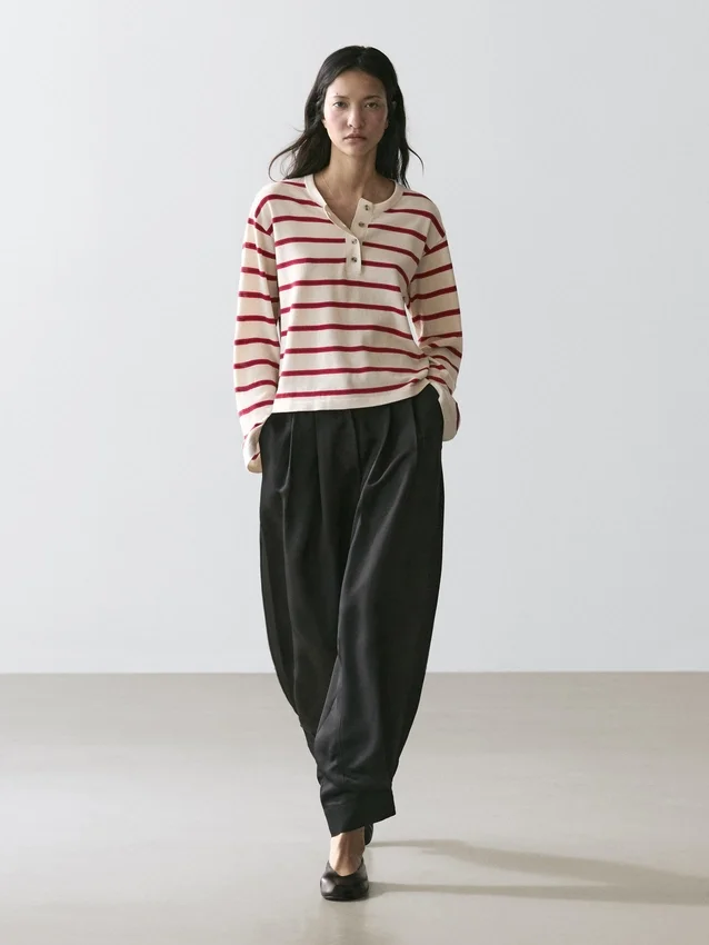 Gestreepte katoenen Henley-trui Gestreepte katoenen Henley-trui