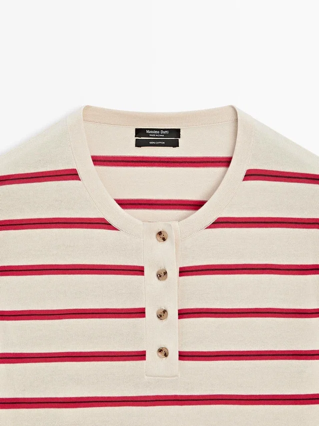 Gestreepte katoenen Henley-trui Gestreepte katoenen Henley-trui