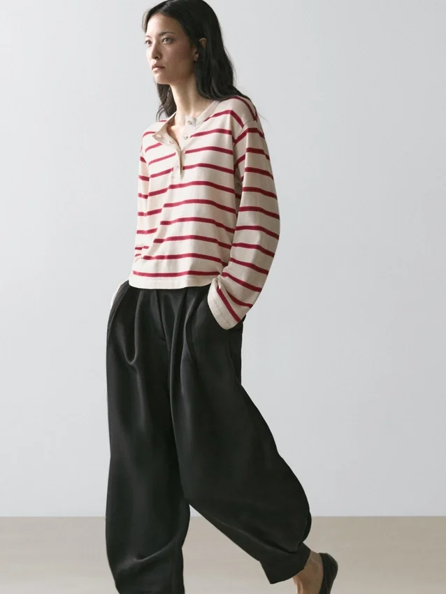 Gestreepte katoenen Henley-trui Gestreepte katoenen Henley-trui