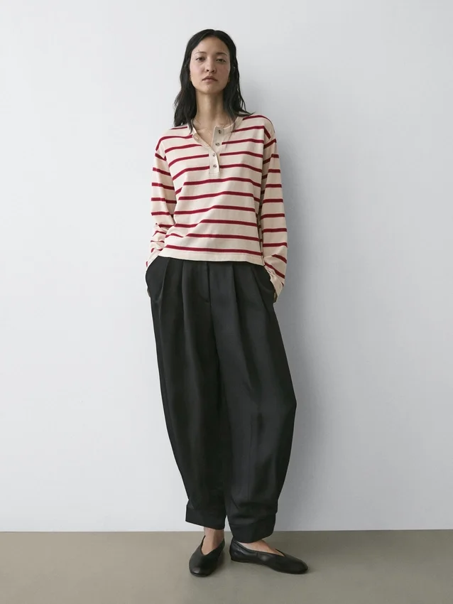 Gestreepte katoenen Henley-trui Gestreepte katoenen Henley-trui