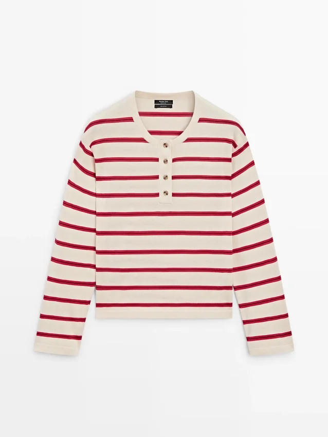 Gestreepte katoenen Henley-trui Gestreepte katoenen Henley-trui