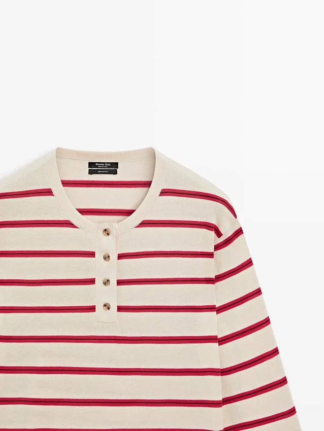 Gestreepte katoenen Henley-trui Gestreepte katoenen Henley-trui
