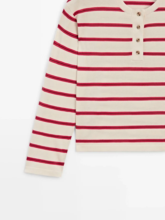 Gestreepte katoenen Henley-trui Gestreepte katoenen Henley-trui