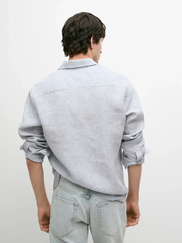 Gestreepte slim fit linnen overhemd Gestreepte slim fit linnen overhemd