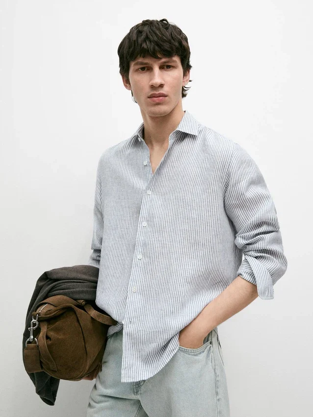 Gestreepte slim fit linnen overhemd Gestreepte slim fit linnen overhemd