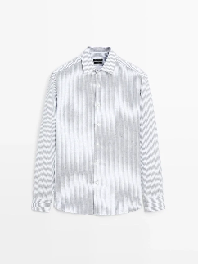 Gestreepte slim fit linnen overhemd Gestreepte slim fit linnen overhemd