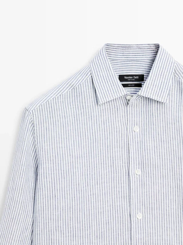 Gestreepte slim fit linnen overhemd Gestreepte slim fit linnen overhemd