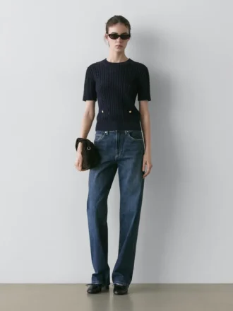 Gevlochten gebreide trui met korte mouwen