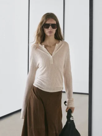 Henley-trui van wolmix met opengewerkt patroon