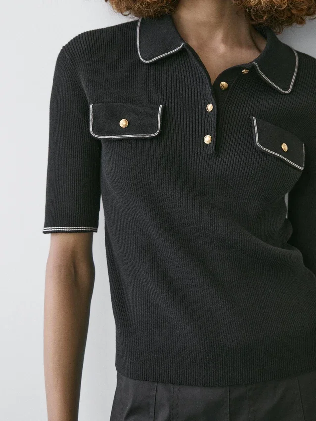 Katoenen gebreid overhemd met contrasterende details Katoenen gebreid overhemd met contrasterende details