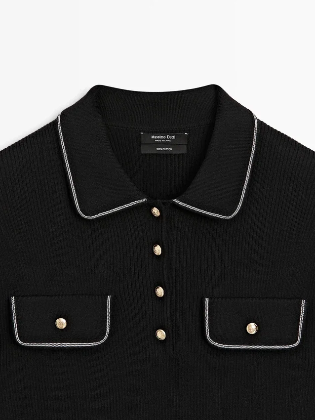 Katoenen gebreid overhemd met contrasterende details Katoenen gebreid overhemd met contrasterende details