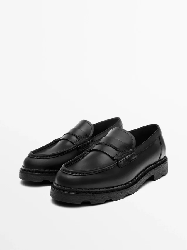 Leren loafers met trackzool en penny-riempje Leren loafers met trackzool en penny-riempje