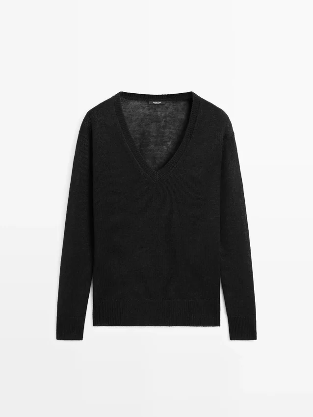 Linnen gebreide trui met V-hals Linnen gebreide trui met V-hals