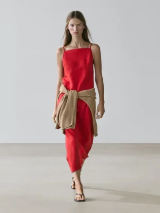 Linnen midi-jurk met rechte halslijn