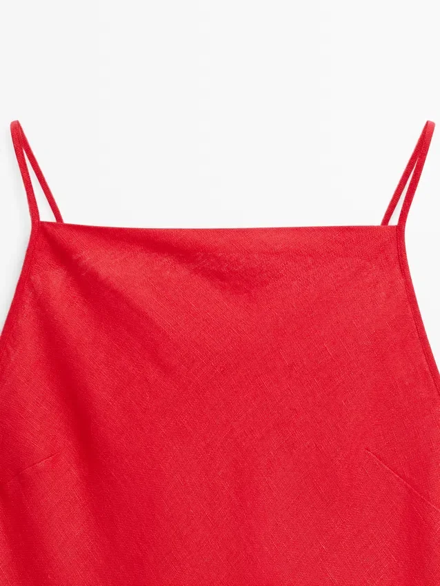 Linnen midi-jurk met rechte halslijn Linnen midi-jurk met rechte halslijn