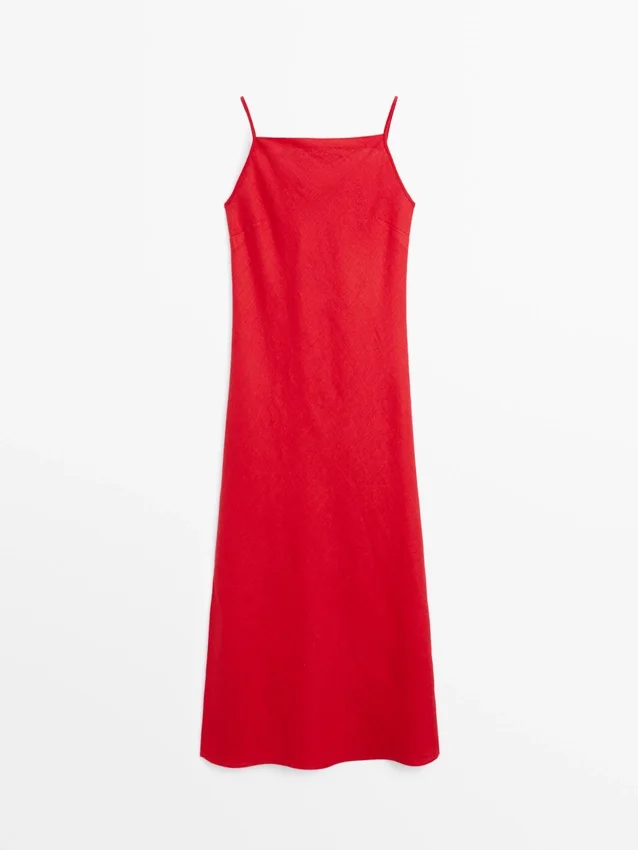 Linnen midi-jurk met rechte halslijn Linnen midi-jurk met rechte halslijn