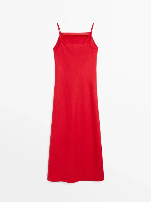 Linnen midi-jurk met rechte halslijn Linnen midi-jurk met rechte halslijn