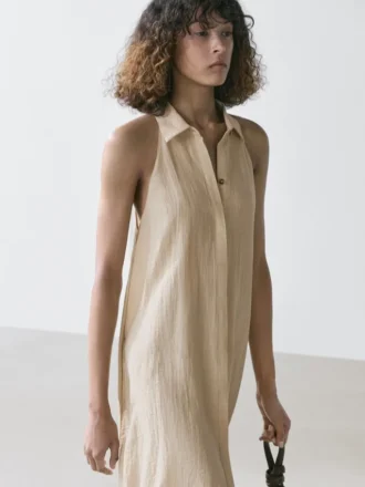 Midi-jurk met polokraag van linnenmix