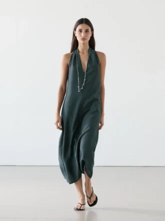 Midi-jurk van linnenmix met V-hals