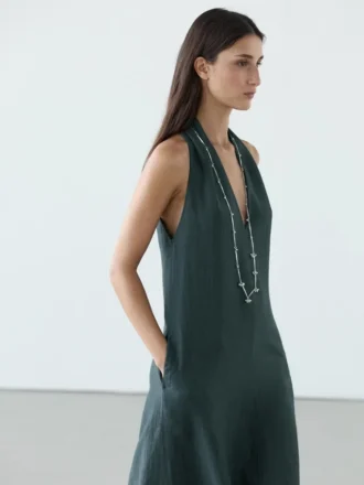 Midi-jurk van linnenmix met V-hals