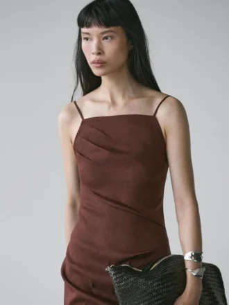 Midi-jurk van stretchlinnenmix met bandjes