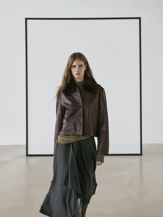 Nappaleren jas met lamsleren kraag Nappaleren jas met lamsleren kraag