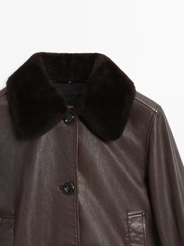 Nappaleren jas met lamsleren kraag Nappaleren jas met lamsleren kraag