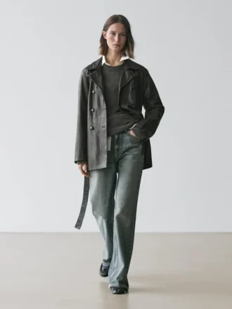 Nappaleren jas met riemdetail