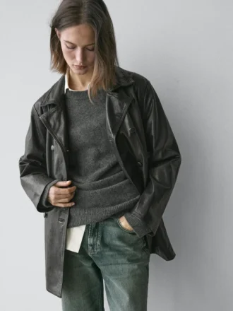 Nappaleren jas met riemdetail