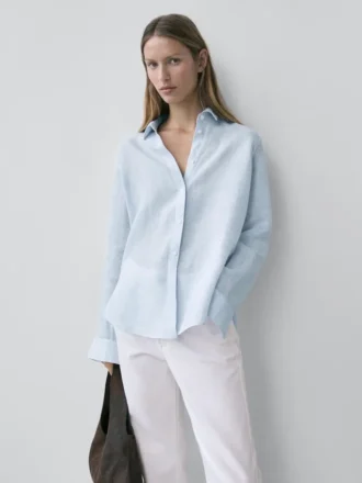 Soepelvallend overhemd van 100% linnen met krijtstreep