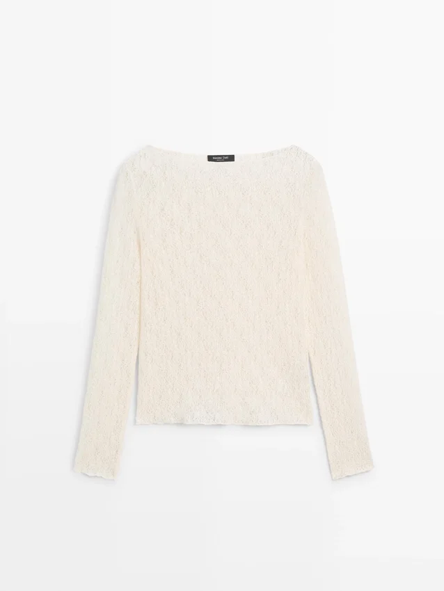 T-shirt met boothals en kanten details T-shirt met boothals en kanten details