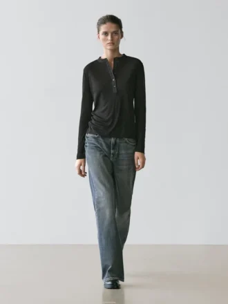 T-shirt met Henley-hals van wolmix